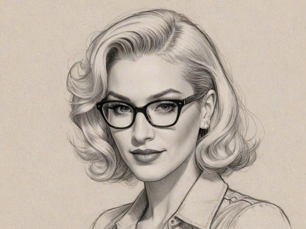 Radiant Gwen Stefani, pencil sketch, portrait of Dazzling woman 1939s in glasses, hair style beatnik, outline, clear lines, fine lines, 8k