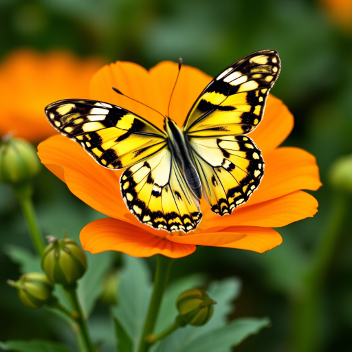 Generate an image of a butterfly perched on a vibrant orange flower. The butterfly should have intricate black and yellow patterns on its wings, and the flower should have soft petals with a gentle curve. Surrounding the flower, include green buds and leaves to create a natural setting.