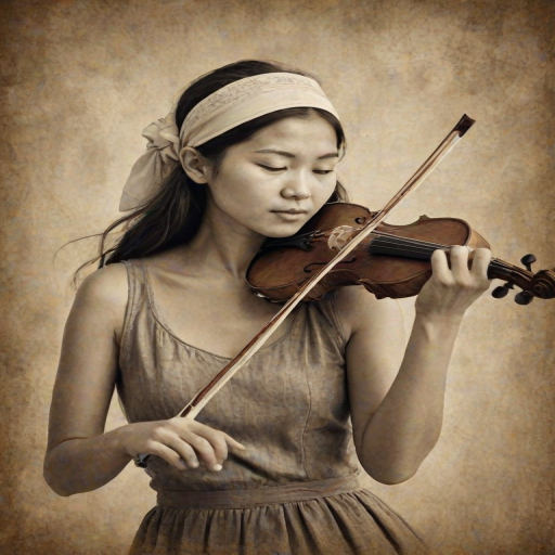 a young Kyrgyz woman with a white headband playing a violin, in the style of a charcoal drawing, sepia grunge background