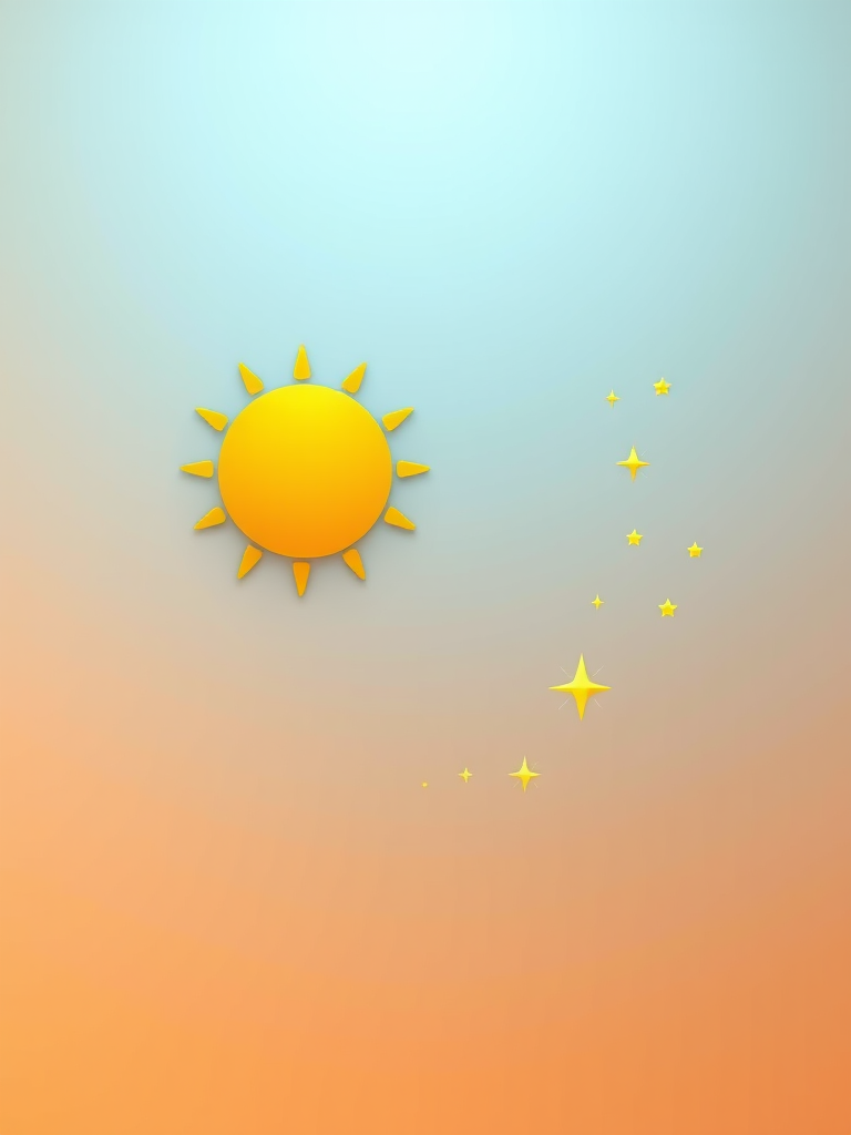 Create a vibrant illustration of a yellow sun, crescent moon, and shiny stars on a soft gradient background, using a Canon EOS 5D Mark IV with a 50mm lens, f/1.8 aperture, ISO 100, and a bright daylight setting for enhanced clarity and color contrast.