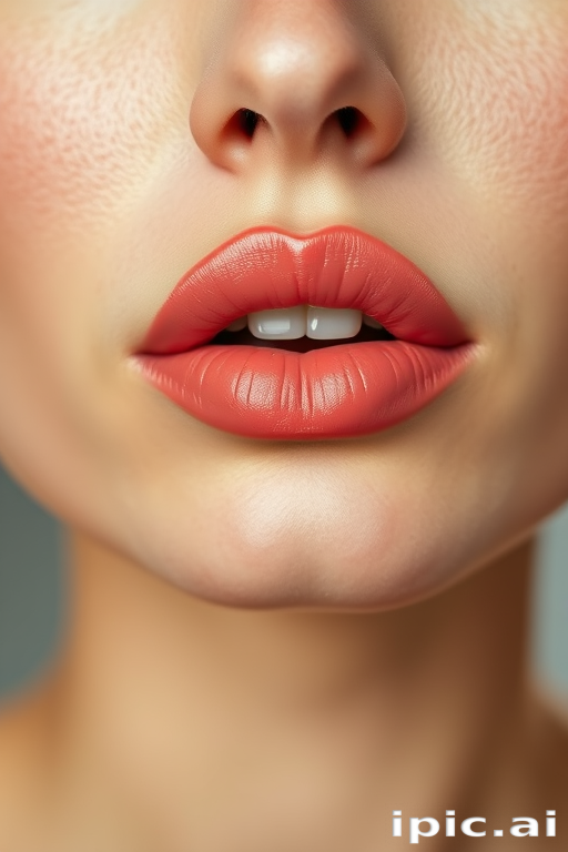Tantalizing woman lips with a sheer coral tint, buildable and natural-looking, hydrated and plump, perfect for a no-makeup makeup look