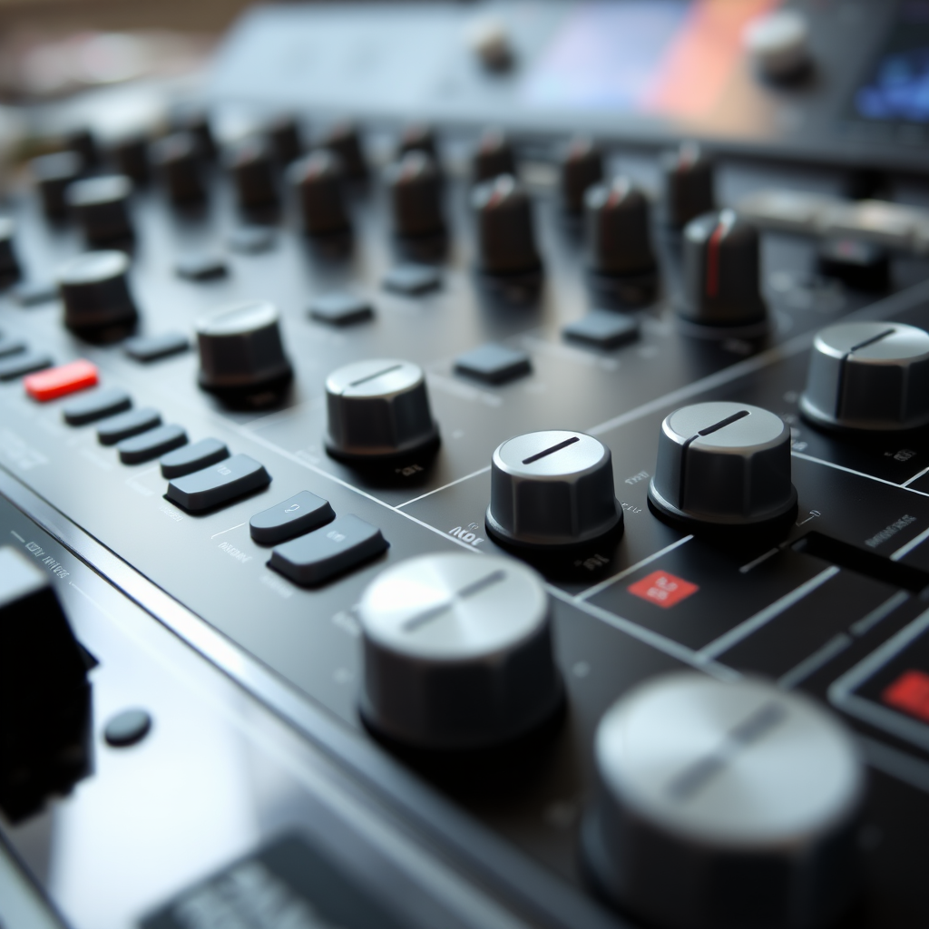 Close-up of a DJ mixer with detailed knobs and buttons, shallow depth of field, aperture f/2.8, 50mm lens, ISO 100, natural lighting, DSLR camera, focus on texture and reflections.