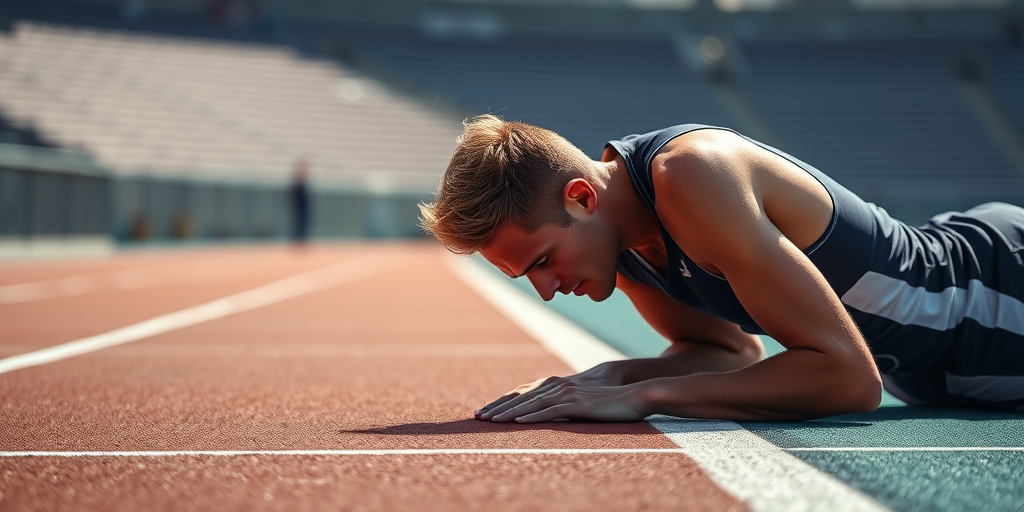 athlete resting on a track after a race, focus on the determination in his posture, natural sunlight lighting, 35mm lens, f/2.8 aperture, ISO 200, shallow depth of field, DSLR camera