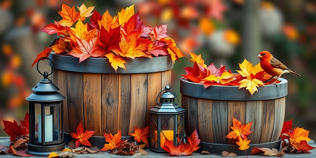 create a vibrant autumn scene featuring two wooden buckets filled with colorful leaves, a small lantern beside them, accompanied by a bright orange bird perched on the edge, shot with a DSLR camera at f/2.8, ISO 100, and a 50mm lens, using natural light for enhanced detail and clarity