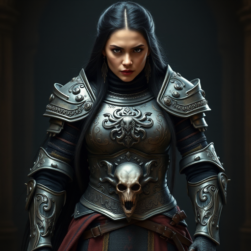Create a photo of a fierce Kurdish female warrior with long black hair, wearing an ornate, metallic armor. The armor includes a breastplate with intricate designs, shoulder guards, and gauntlets. The breastplate is decorated with a central emblem, possibly representing a mythical symbol, and has a sculpted, form-fitting design. She wears a belt with a large skull ornament at the center, and her armor extends into a partial skirt, revealing one leg. The overall look is both protective and stylish, with a dark, gothic aesthetic. The background is dimly lit, suggesting a medieval or fantasy setting, enhancing the warrior's imposing presence and intense expression.