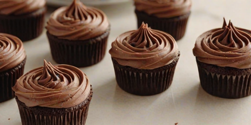 Generate an image of a close-up view of small chocolate cakes arranged on a light surface. Each cake should have a rich chocolate frosting on top, styled in a decorative swirl. The background should be softly blurred to emphasize the cakes.