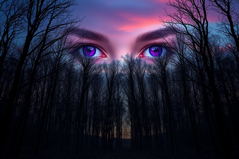 Create an ethereal landscape featuring a pair of striking violet eyes superimposed over a deep, surreal forest with leafless trees against a twilight sky, using a Canon EOS R5, 50mm lens, aperture f/1.8, ISO 100, and a high dynamic range imaging style.