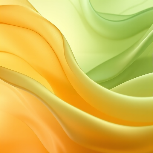 Generate an abstract image of flowing translucent fabrics in soft greens and oranges with smooth gradients, using a Canon EOS R5 camera with a 50mm f/1.2 lens, aperture set to f/4, ISO 100, and a shallow depth of field to enhance softness and clarity in textures.