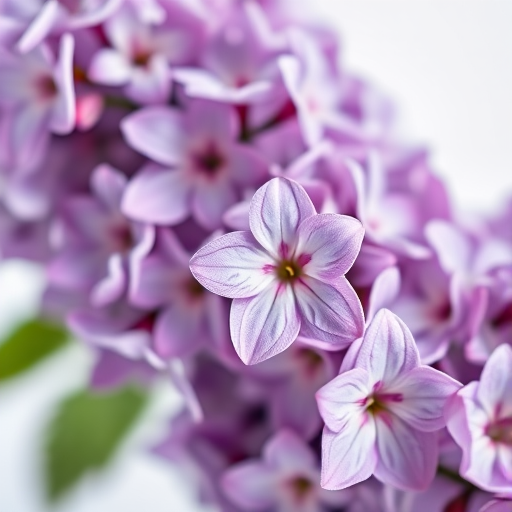 A high-resolution close-up photograph of lilac flowers on a white background, taken with a Canon EOS R5, 85mm lens, f/1.8, ISO 100, natural light, soft focus to enhance details and colors.