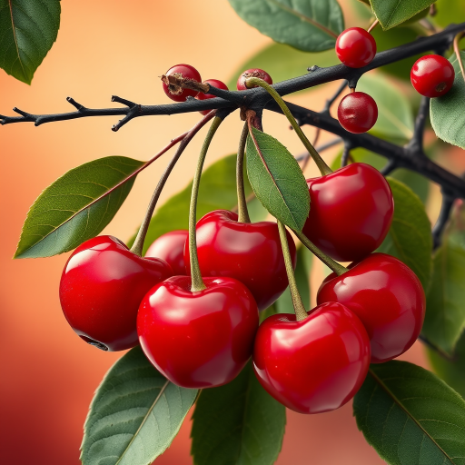 Create a surreal collage of glossy red cherries and vibrant green leaves with artistic black branches, incorporating lips on some cherries, using a Canon EOS R5, f/2.8 aperture, ISO 100, 50mm lens, in soft focus with a warm gradient background for enhanced richness.
