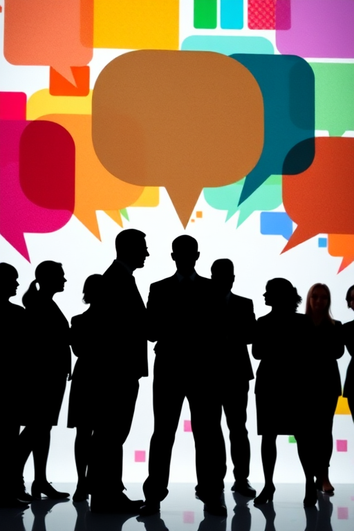 silhouette of a group of people in business attire against a colorful pixelated speech bubble background, camera settings: f/8 aperture, 1/60s shutter speed, ISO 200, camera view: wide angle, camera style: abstract, camera type: digital SLR