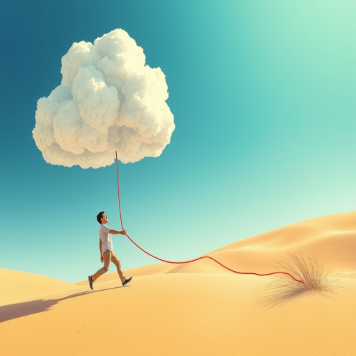 Create a whimsical illustration of a person pulling a cloud with a red rope in a desert setting, vibrant blue sky, soft desert sands, use a shallow depth of field, 50mm lens, ISO 100, f/2.8, natural lighting, digital art style.