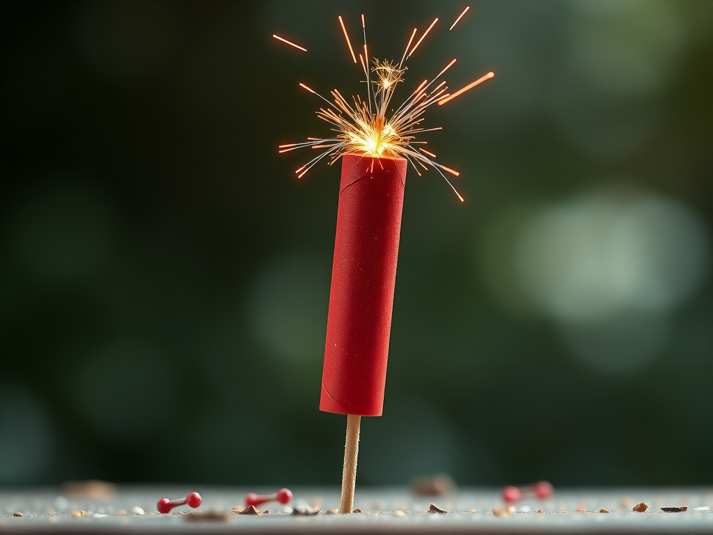 Create a highly detailed digital illustration of a red firecracker standing upright with a visible fuse, shot with a DSLR camera at f/2.8 aperture, 50mm lens, natural lighting, and a shallow depth of field for a soft background blur.