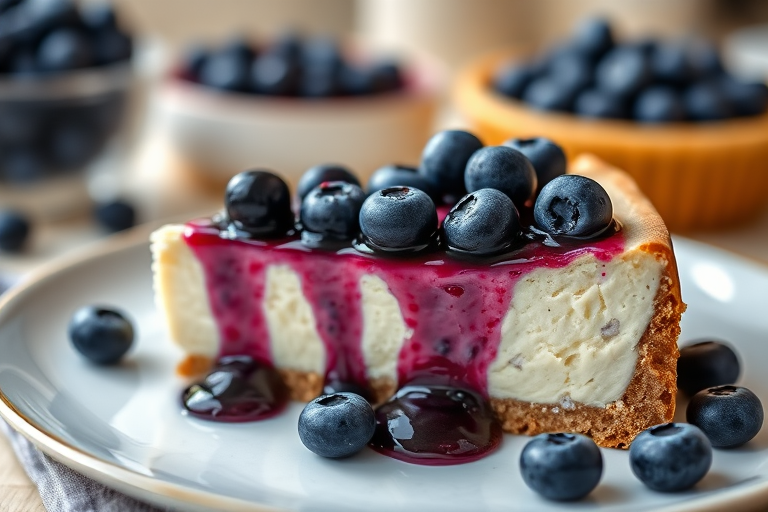 Create an image of a slice of cheesecake topped with a generous layer of blueberries and blueberry sauce, captured with a Canon EOS R5, 50mm lens, f/2.8 aperture, ISO 100, in soft natural light, with a shallow depth of field to enhance the creamy texture and glossy toppings against a softly blurred background.