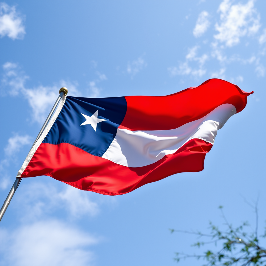Create an image of the flag of Chile, with vibrant colors and sharp details, using a Canon EOS R5 camera, 50mm lens, f/8 aperture, ISO 100, natural lighting, and a slight overhead angle for a dynamic view.