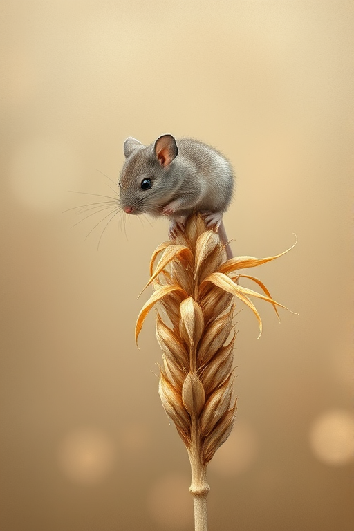 Soft, muted Alcohol Ink with ebru effect background image of tiny whimsical mousey, who climbed high on the top of a golden rye ear.