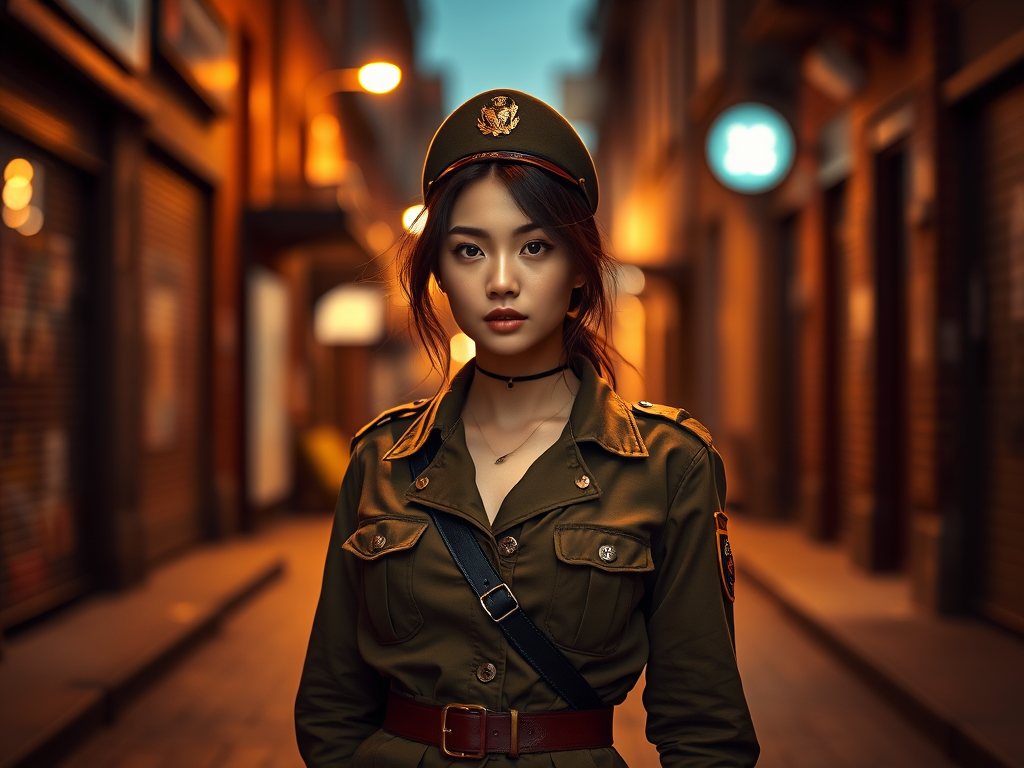 generate a high-resolution image of a young woman in a stylish military outfit standing in a dimly lit alley at dusk, capturing the warm glow of street lights, with a shallow depth of field, using a full-frame camera at f/1.8, ISO 200, and shutter speed of 1/125s, shot in portrait mode to emphasize her expression and the atmospheric background with soft bokeh effects.