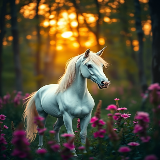 Regenerate a magical scene featuring a majestic white unicorn standing in a lush forest at sunset, surrounded by vibrant pink and purple flowers, with soft bokeh effects in the background, captured with a Canon EOS R5, 50mm f/1.2 lens, aperture set to f/1.8, ISO 100, at dusk for enhanced image quality and rich colors.