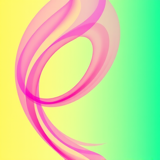 Create a vibrant abstract design featuring flowing lines in pink and turquoise against a gradient background transitioning from yellow to green, captured with a DSLR camera at f/8, 1/125 sec, ISO 100, in a panoramic view for enhanced quality and depth.