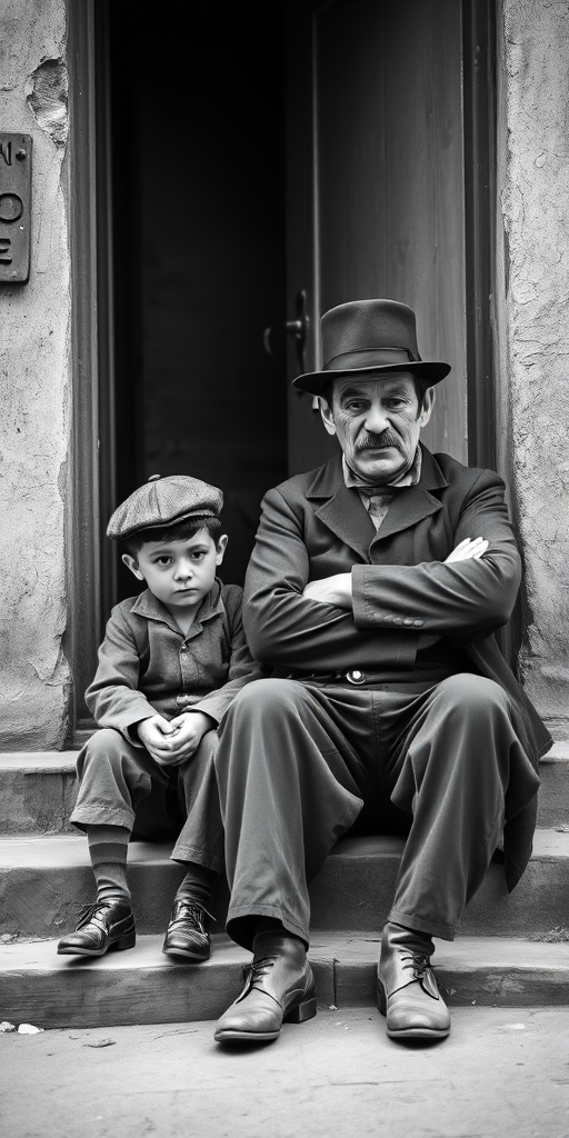 A black-and-white photograph of a man and a child sitting on steps in front of a doorway. The man is dressed as a tramp with a bowler hat, mustache, and ragged clothes, reminiscent of Charlie Chaplin's iconic look. He is sitting with his arms crossed and an expression of slight sadness or frustration. Next to him is a young boy, also in worn clothes and a cap, sitting with his hands clasped, looking thoughtful. The background is an old, textured wall and a partially open door, creating a vintage, early 20th-century atmosphere.