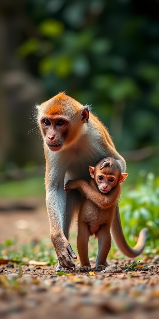Generate an image of a monkey and its baby walking together in a natural environment, shot with a DSLR camera at f/2.8, ISO 100, shutter speed 1/500, with a shallow depth of field to blur the background and enhance focus on the subjects.