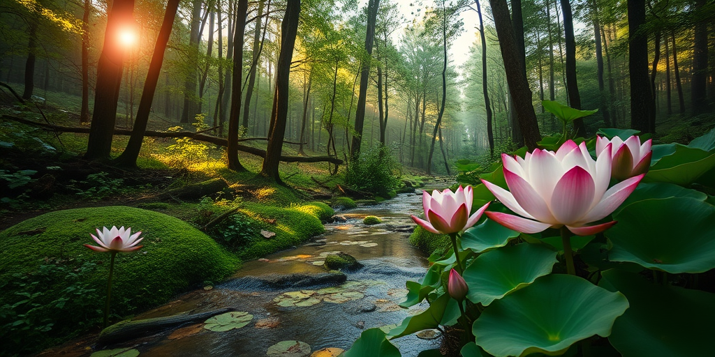 A tranquil forest scene with soft glowing lights, a gentle stream surrounded by lush greenery, and blooming lotus flowers in shades of pink and white, captured with a Canon EOS R5, f/2.8 aperture, 50mm lens, 1/60s shutter speed, and a wide angle view to enhance the ethereal atmosphere.