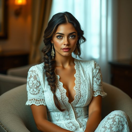 Create a portrait of a refined and elegant woman seated in a sophisticated setting. She has long, wavy hair styled in two thick braids that are pulled over her shoulders. She wears a white, lace gown with intricate patterns, featuring a deep V-neckline and short sleeves. The dress exudes a vintage charm with its delicate lacework. She is adorned with ornate, dangling earrings that add a touch of glamour to her appearance. The background is softly lit, with warm, ambient lighting that creates a cozy and inviting atmosphere. Her expression is poised and serene, capturing a sense of grace and elegance.