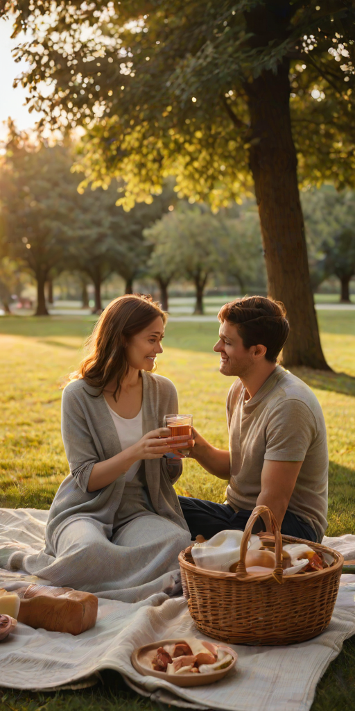Warmly lit photo of a couple sharing a picnic in a park at dusk, soft golden light from the setting sun casting long shadows on the grass, with a wicker basket and blanket scattered with food and drinks nearby.