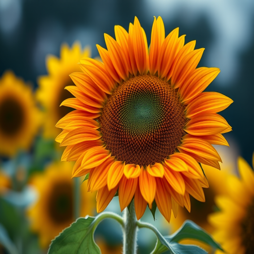 Close-up shot of a vibrant sunflower with a blurred background of multiple sunflowers, shallow depth of field, ISO 100, f/2.8 aperture, 50mm lens, natural lighting, taken with a DSLR camera.