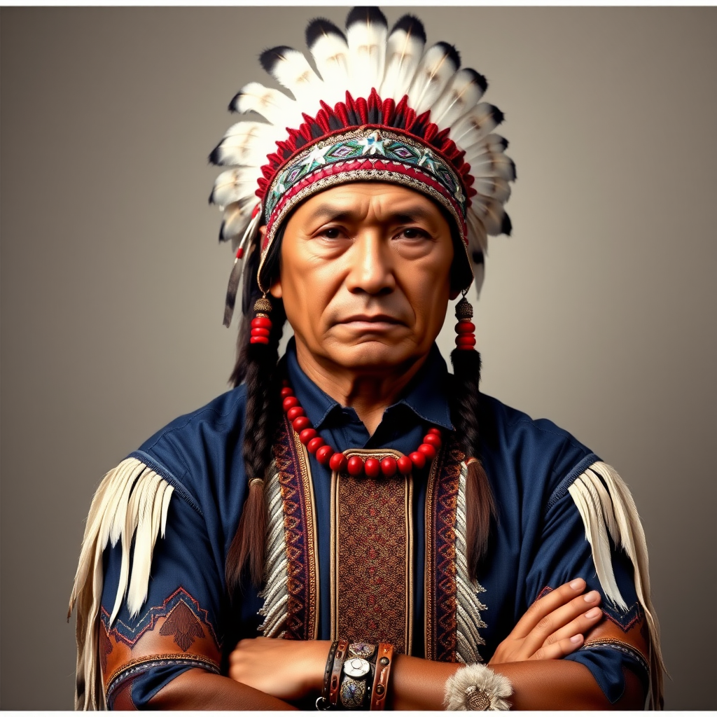 Create a dignified portrait of a Native American man dressed in traditional attire. He wears a beautifully crafted headdress adorned with white feathers and red beads, along with a beaded headband featuring intricate patterns. His clothing includes a deep blue, patterned shirt and a traditional chest piece with detailed beadwork. His arms are crossed, displaying leather armbands decorated with feathers. The background is simple and neutral, emphasizing his proud and stoic expression. The overall image captures the rich cultural heritage and strength of his persona.