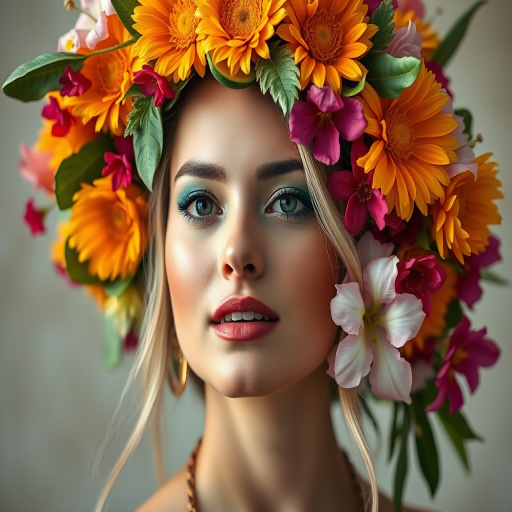 Generate an image of a woman with a vibrant floral and fruit headdress, showcasing oranges, watermelons, and colorful flowers, captured in high resolution with a Canon EOS R5, 50mm lens, f/1.8 aperture, 1/200 sec shutter speed, and soft diffused lighting for a dreamy effect.