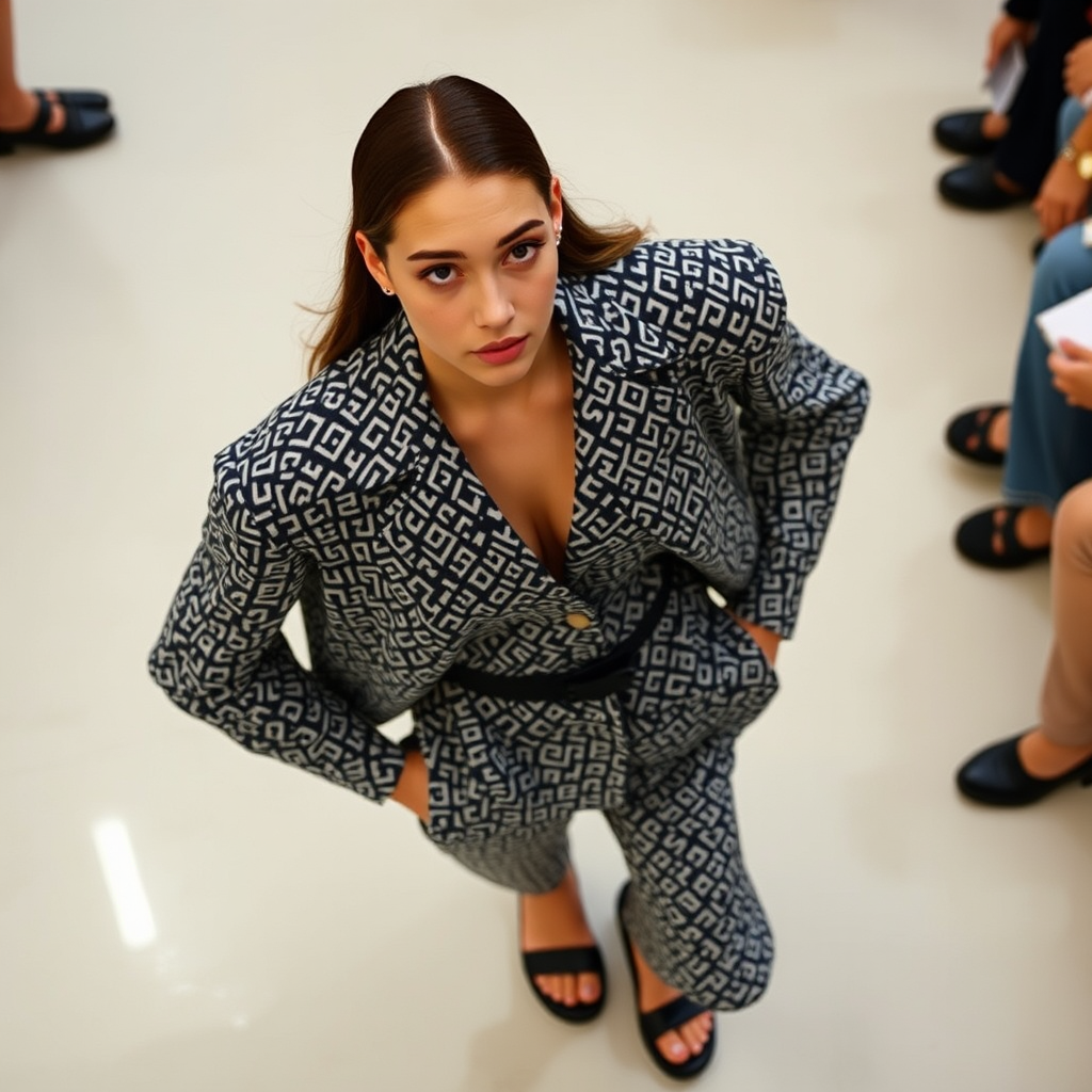 Capture the model from a high angle, emphasizing the outfit’s pattern and silhouette. Use a 35mm prime lens to maintain sharpness and minimize distortion