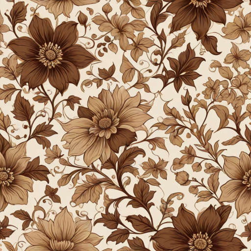 Create a seamless floral pattern featuring large brown and beige flowers with intricate designs, accompanied by smaller flowers and gentle vines on a light beige background.