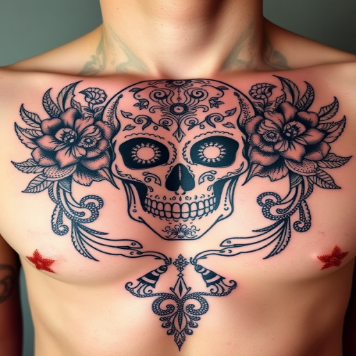 Dotwork tattoo of a detailed skull adorned with intricate floral patterns on the chest, using thousands of tiny dots to create shading and depth