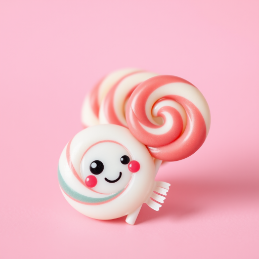 Cute cartoon candy and lollipop with a smiling face on a pastel pink background, shot with a Canon EOS R5 at f/2.8, 50mm lens, soft focus style, natural light.