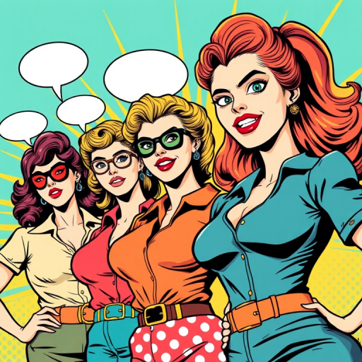 Create a vibrant comic-style illustration featuring powerful women in retro attire, include speech bubbles for dialogue, use a DSLR camera with a 50mm lens, aperture set to f/2.8 for depth of field, and a bright color palette to enhance visual impact, capture from a slightly elevated angle for dynamic composition.