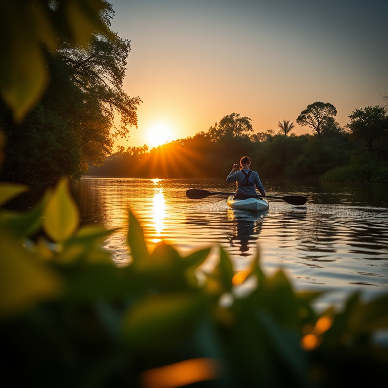 regenerate an image of two people paddleboarding on a tranquil river during sunset, with a vibrant foreground featuring green foliage, shallow depth of field, 50mm lens, f/2.8 aperture, ISO 200, and soft golden lighting, emphasize the serenity of the scene with reflections in the water