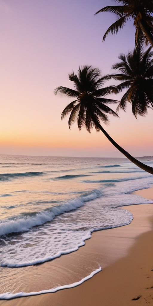 Tranquil Sunset Over Serene Beach with Palm Trees Silhouetted Against Sky