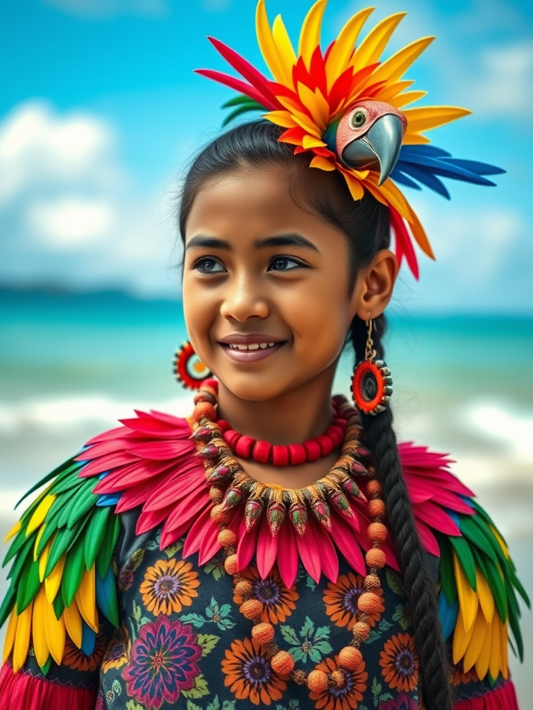 A beautiful Samoan girl, wearing colorful bird clothing with vibrant colors
