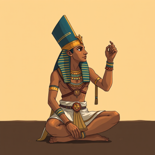 Create a high-resolution illustration of an ancient Egyptian figure sitting with a raised hand, adorned in traditional jewelry and clothing, include symbols like the Eye of Horus and ankh, using a Canon EOS R5 with a 50mm lens, f/2.8 aperture, ISO 100, and natural lighting for enhanced detail and warmth.