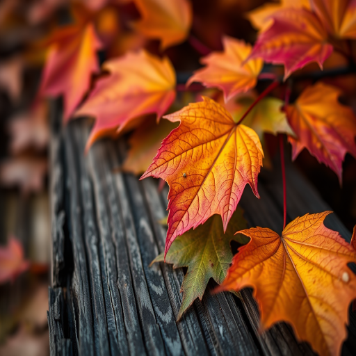 close-up of vibrant autumn leaves on a rustic wooden surface with a shallow depth of field, natural lighting, f/2.8 aperture, 50mm lens, ISO 100, macro photography style