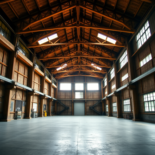 interior of a spacious industrial warehouse with wooden beams and large windows, bright natural light streaming in, wide angle view, 24mm lens, f/8 aperture, ISO 100, HDR photography, digital camera