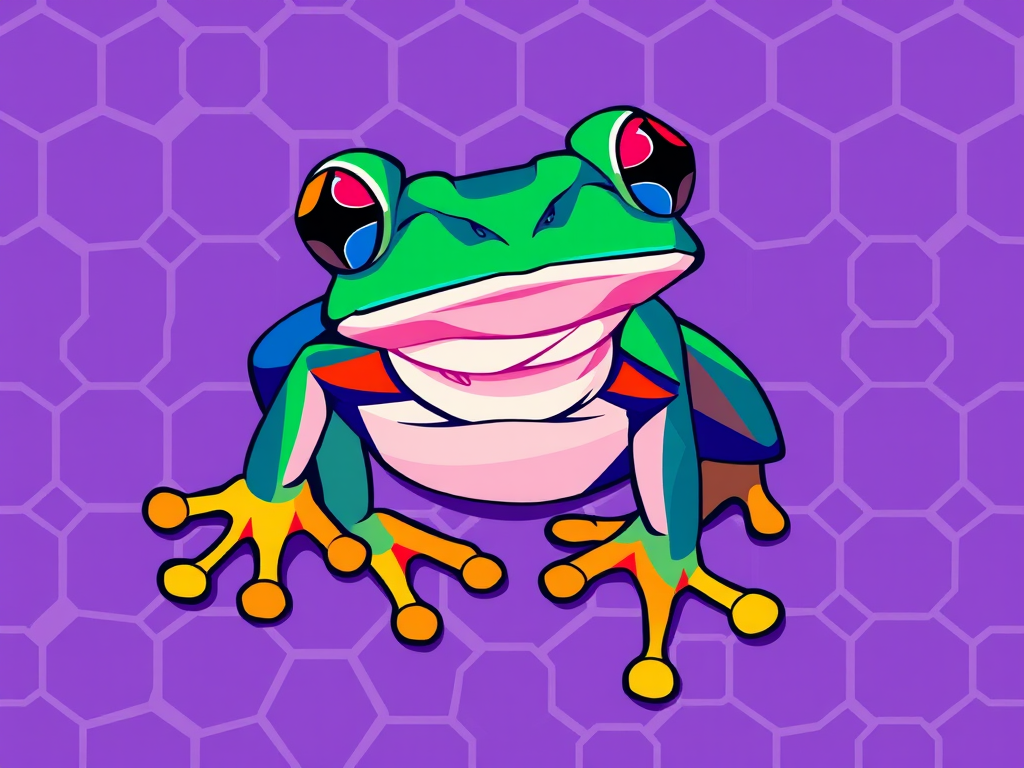 Create a stylized illustration of a frog with geometric shapes and vibrant colors on a purple hexagonal patterned background, using a Canon EOS R5 camera with a 50mm f/1.2 lens, aperture set to f/4, ISO 100, and a shallow depth of field to enhance the image quality.