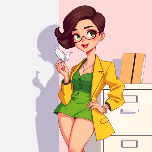 Create an illustration of a confident woman in a green skirt and yellow blazer holding a paper bird next to a white filing cabinet, using a high-resolution digital art style with a soft focus lens, 50mm focal length, and a bright color palette for enhanced vibrancy.