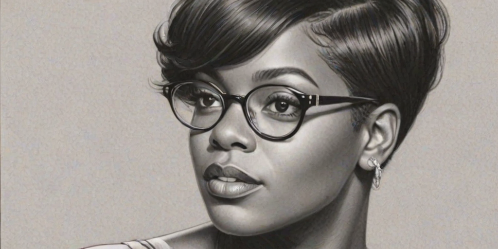 Delightful Fantasia Barrino, pencil sketch, portrait of Gorgeous woman 1923s in glasses, hair style beatnik, outline, clear lines, fine lines, 8k