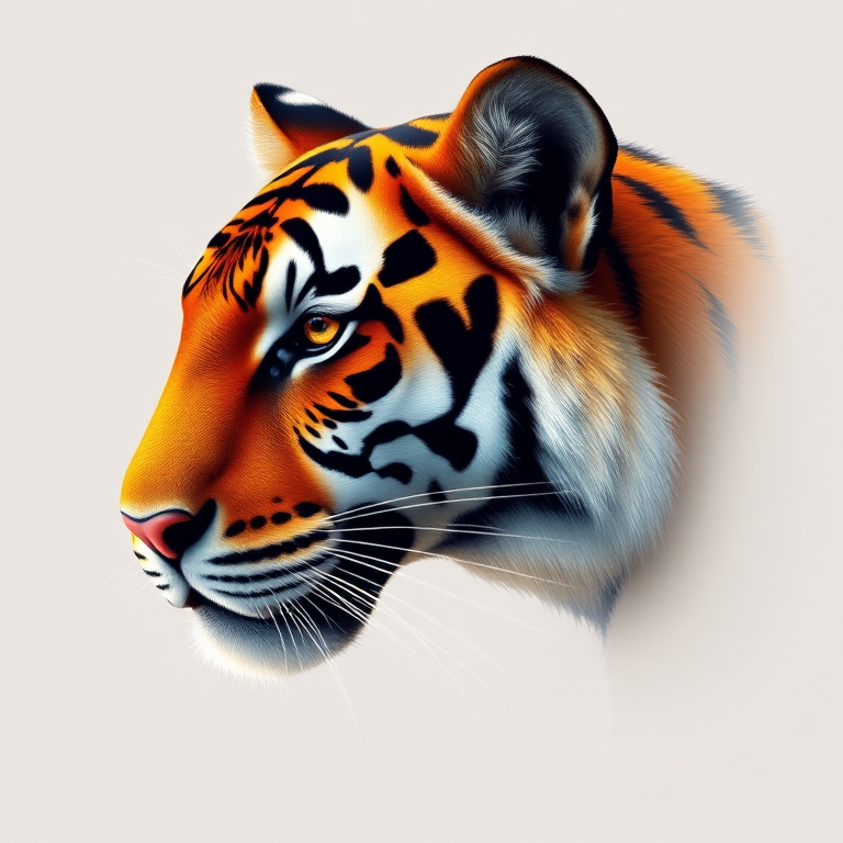 Create a highly detailed and vibrant digital illustration of a tiger's head in profile, using high-resolution vector art techniques, with soft lighting and a clean background; camera settings: ISO 100, aperture f/8, shutter speed 1/250s; view: close-up; style: hyper-realistic; type: digital drawing software.