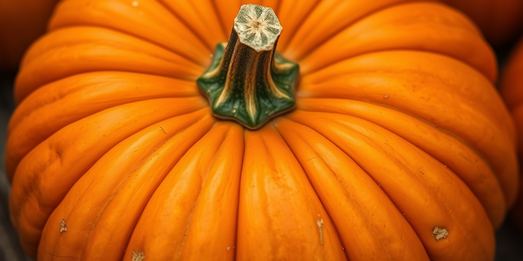 Create a hyper-realistic image of a large orange pumpkin with a green stem, captured with a Canon EOS 5D Mark IV, 50mm lens, aperture f/2.8, ISO 100, soft diffused lighting, and a shallow depth of field for enhanced detail and texture.