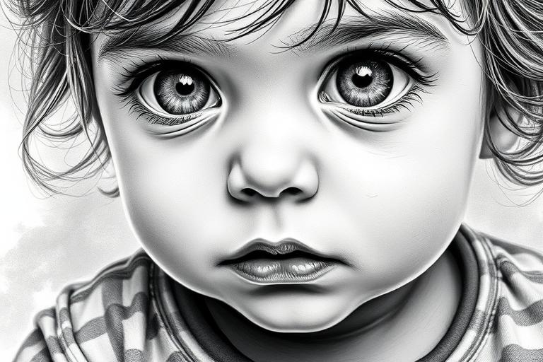 A hyperdetailed photorealistic black and white sketch of a beautiful toddler with deep white eyes, with a macro focus