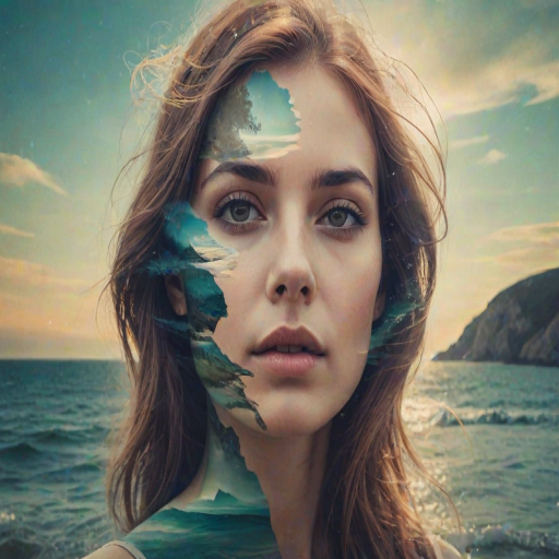 create Book cover, A surreal double exposure portrait that blends a woman's face with a beautiful seascape. The overall mood is dreamy and mystical, with rich colors and intricate details