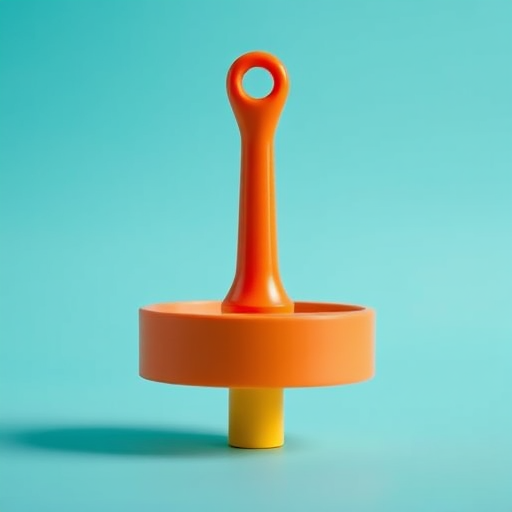 create a minimalistic image of a colorful plunger with a turquoise background, shot with a Canon EOS R5, 50mm lens, f/1.8 aperture, ISO 100, soft natural lighting, centered composition with a shallow depth of field to enhance the colors and details